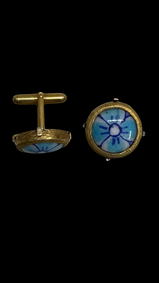 Blue Pottery Round Cufflinks