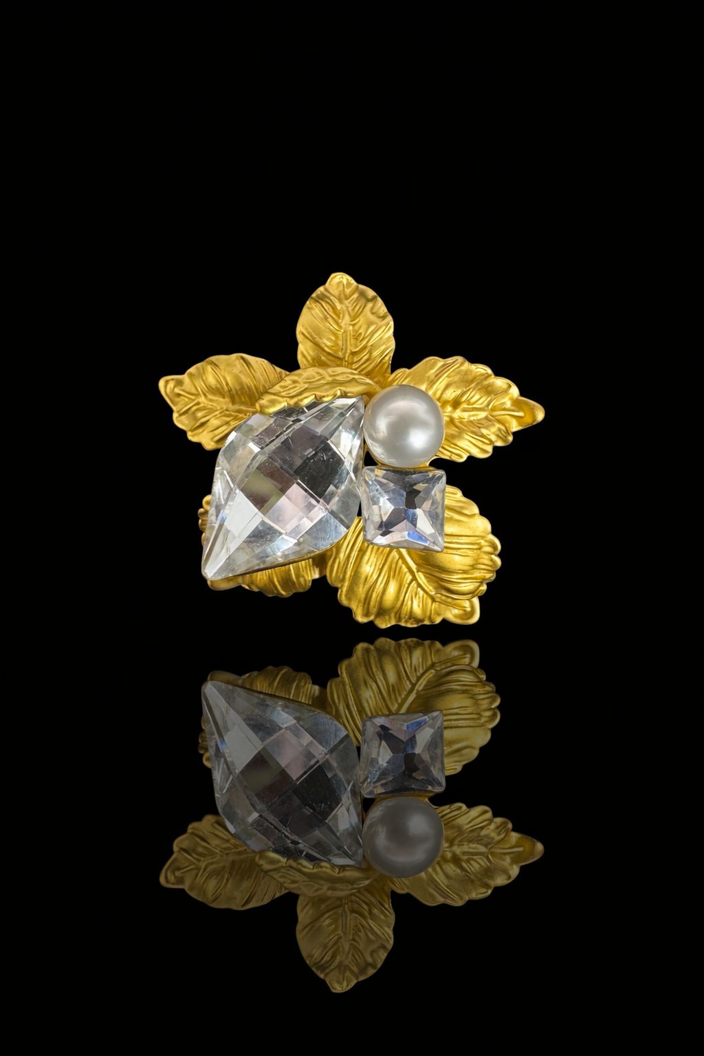 Golden Leaf Crystal Bloom Brooch