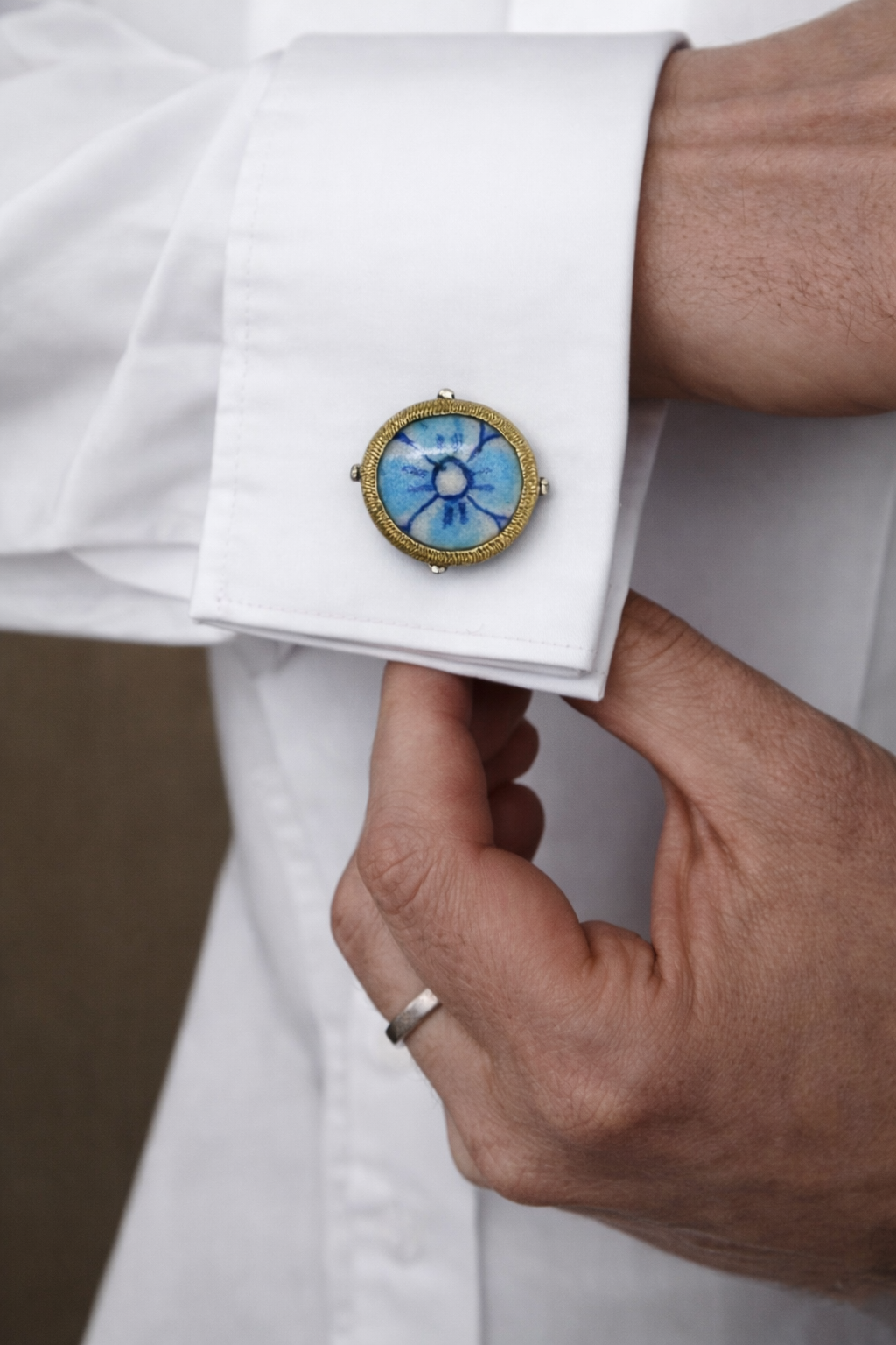 Blue Pottery Round Cufflinks