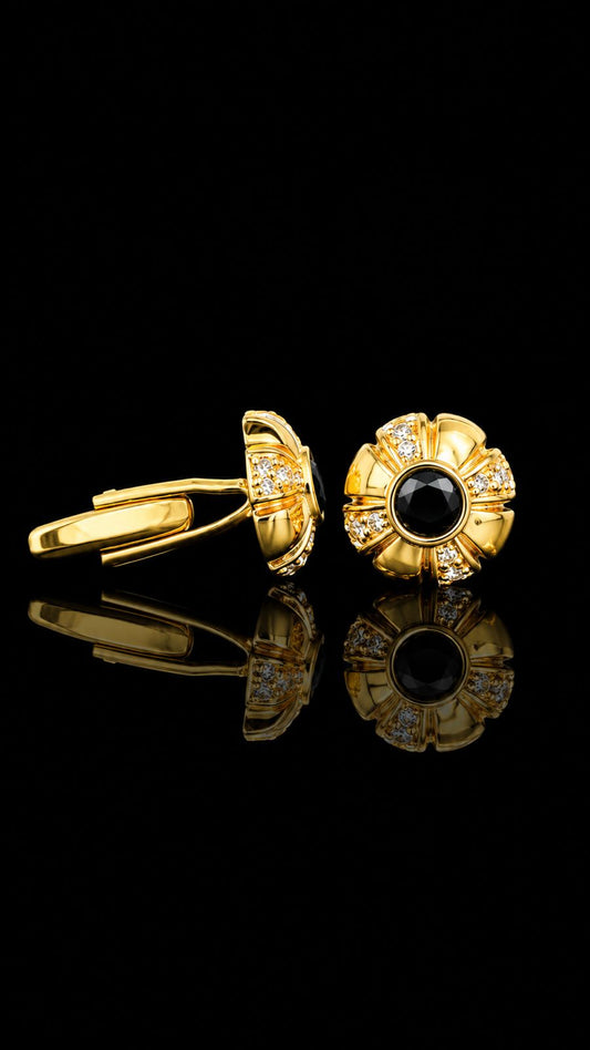 Imperial Black Stone Floral Gold Cufflinks