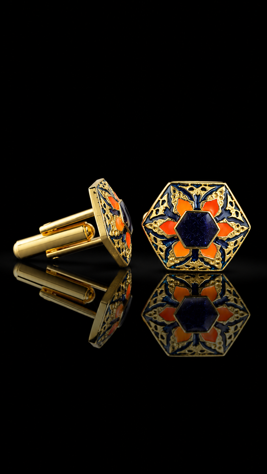 Royal Blue & Orange Hexagonal Gold Cufflinks