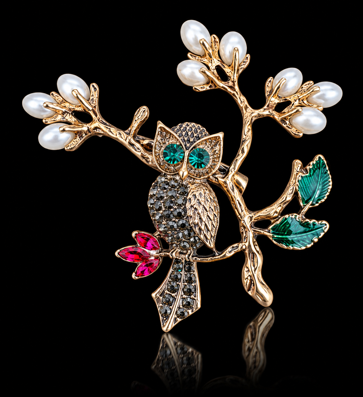 Enchanted Pearl Owl & Blossom Brooch