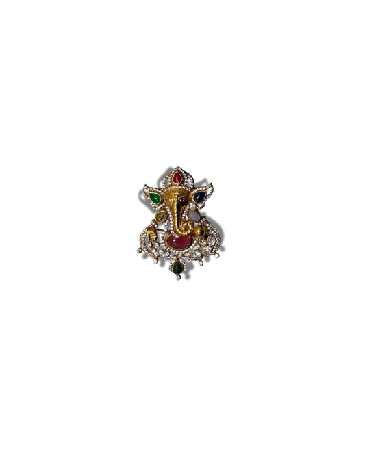 Navratna Ganesha Silver Brooch
