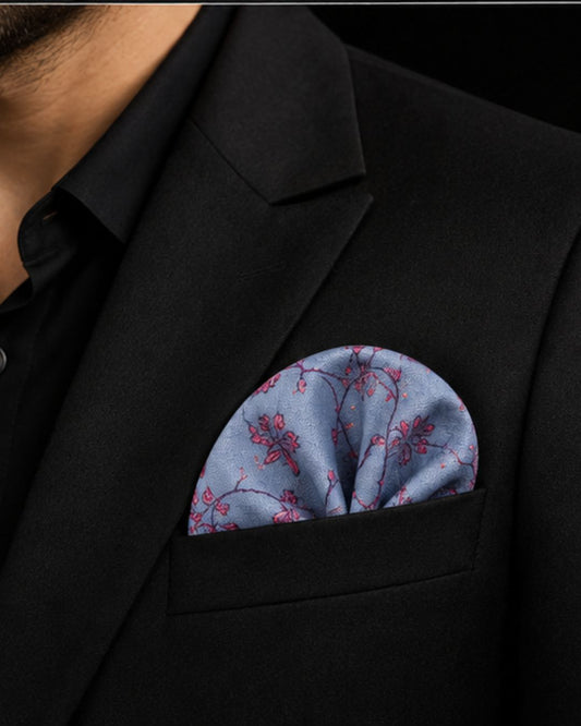 Blue Pashmina Hand Embroidered Floral Pocket Square