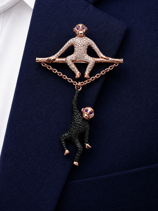 Tree Swinging Monkey Duo Brooch
