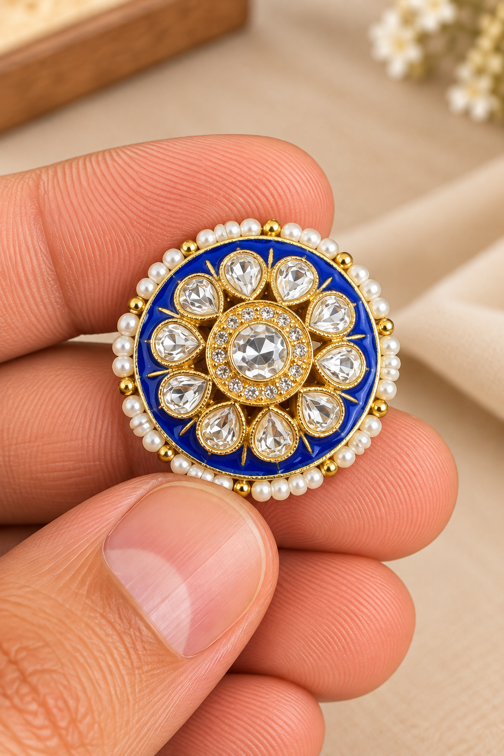 Royal Blue Pearl Floral Bandhgala Button