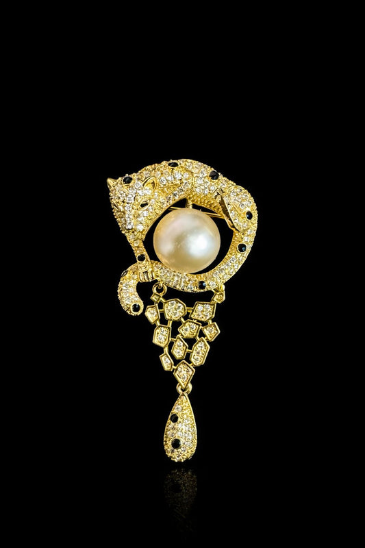 Golden Panther Pearl Halo Brooch