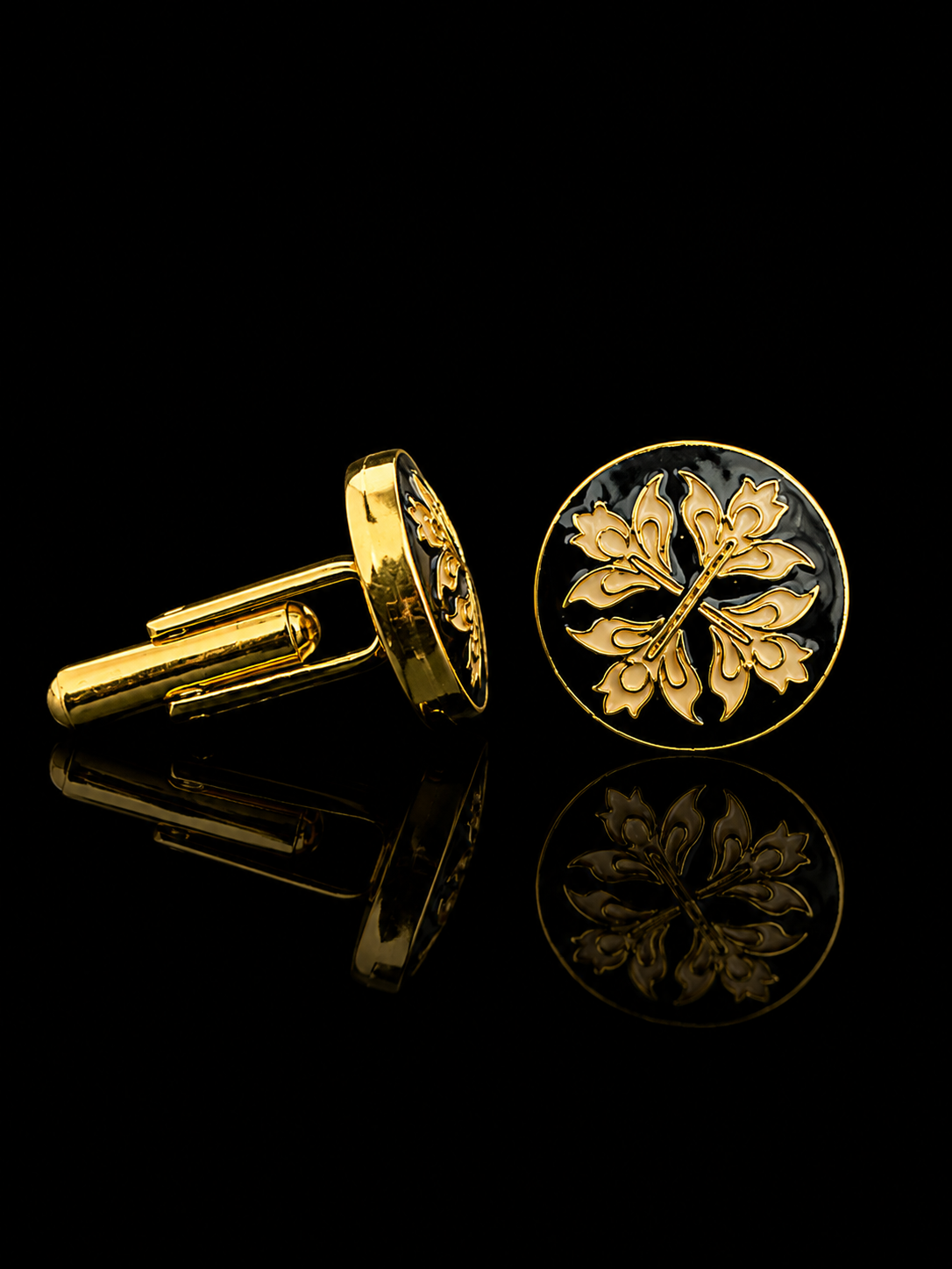 Golden Floral Black Enamel Cufflinks