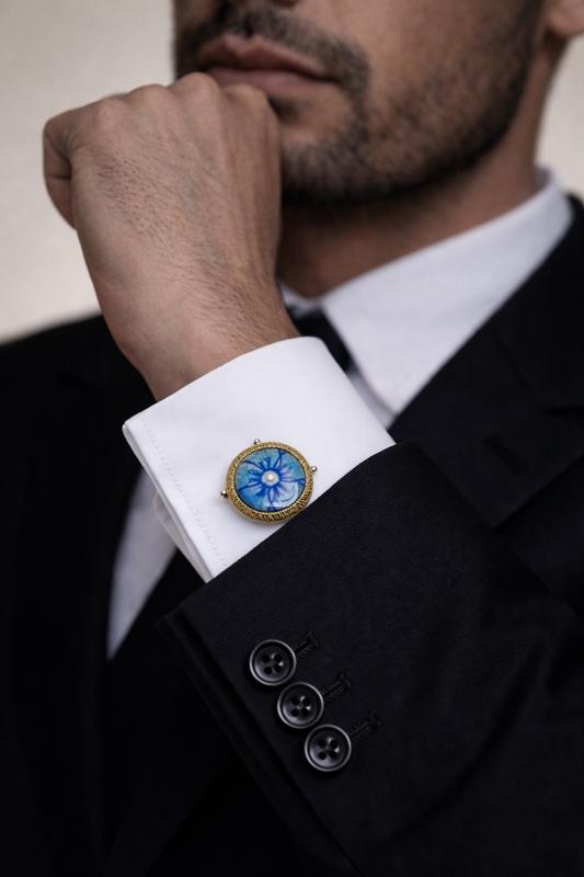 Blue Pottery Round Cufflinks