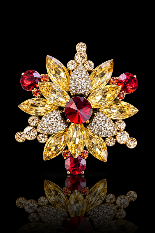 Royal Ruby & Golden Crystal Floral Brooch