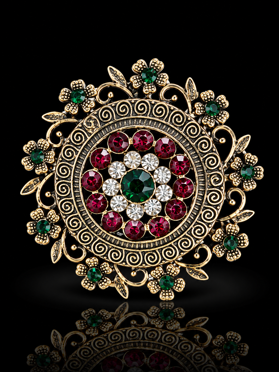 Royal Emerald & Ruby Floral Medallion Brooch