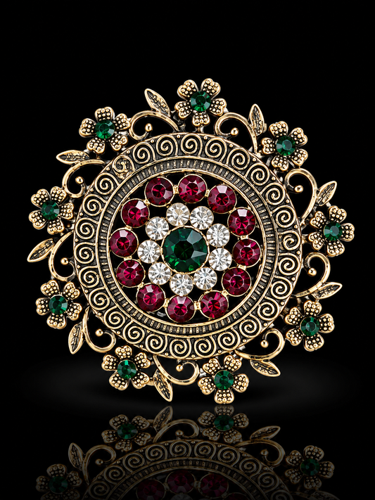Royal Emerald & Ruby Floral Medallion Brooch