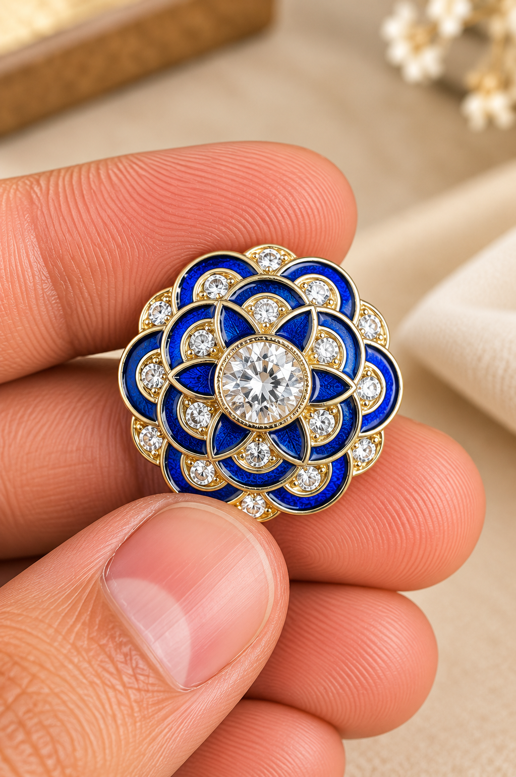 Royal Blue Floral Crystal Bandhgala Button